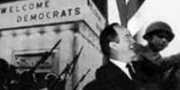 Welcome Democrats sign, with Hubert Humphrey and troops